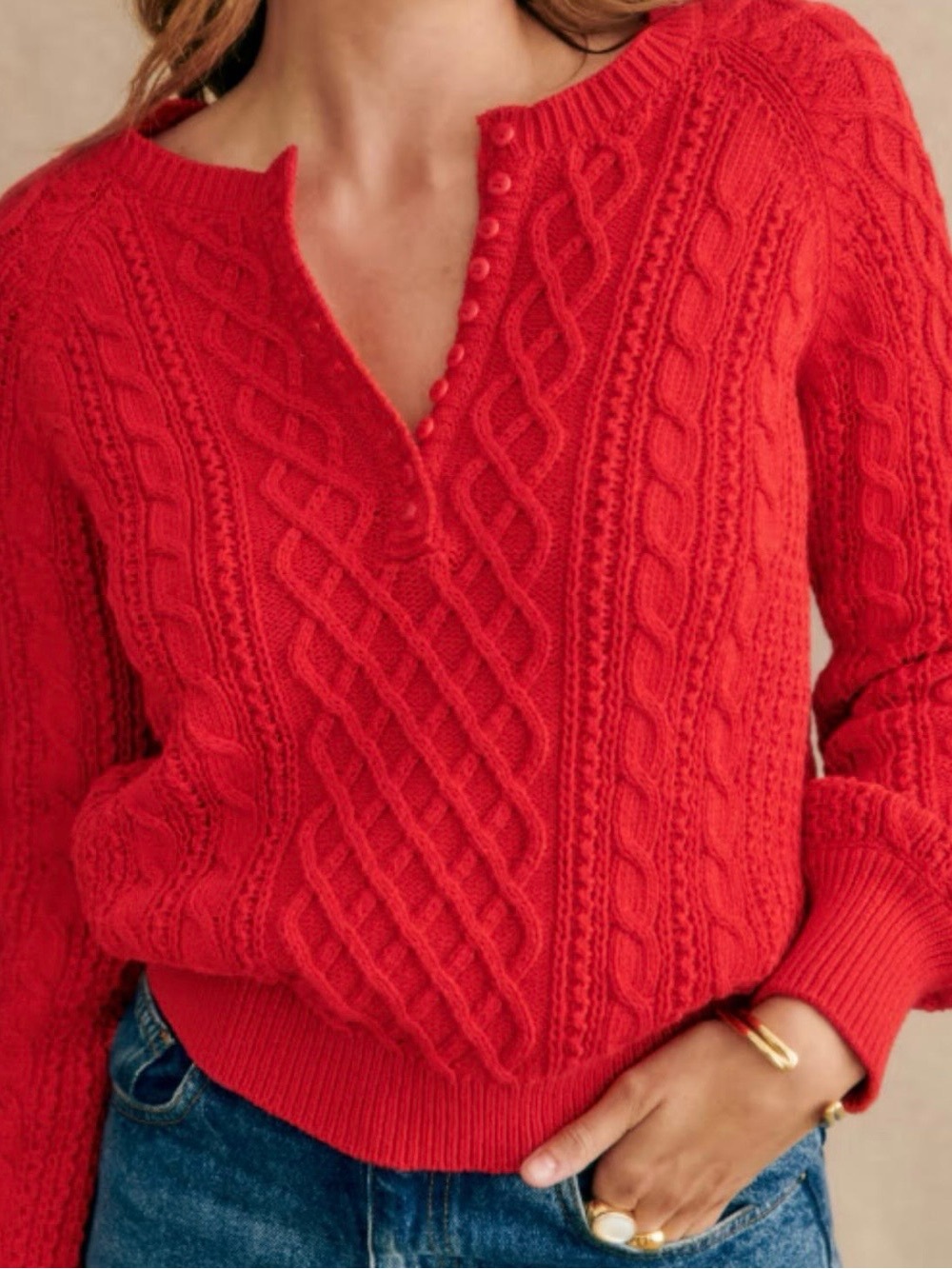 Sezane Red Cable-Knit Split-Neck Sweater